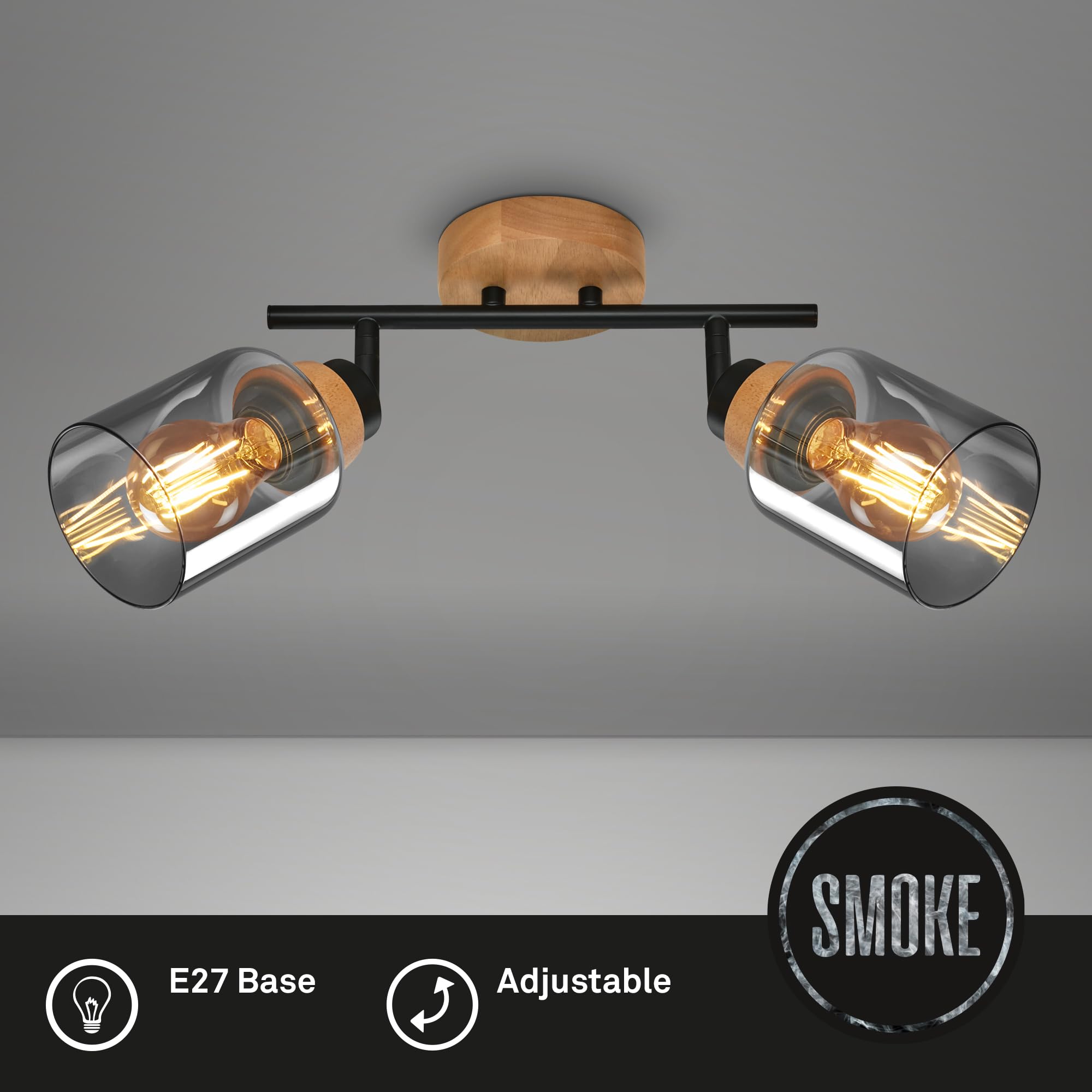 briloner-deckenlampe-2-flammig-schwenkbar-rauchglas-e27-schwarz-holz image 2