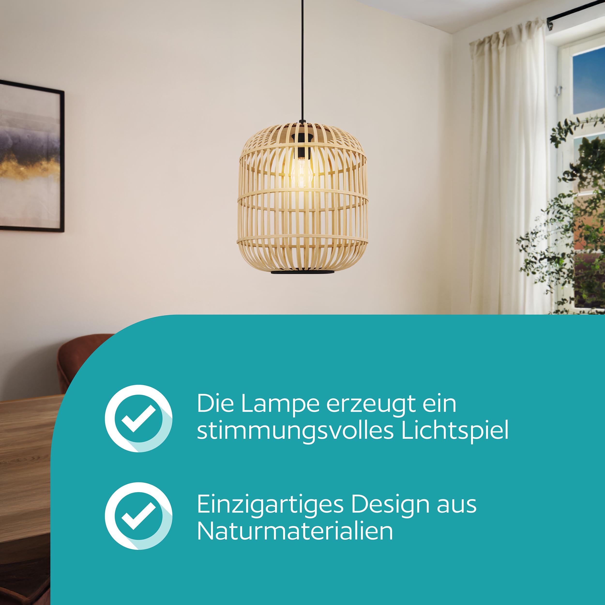 eglo-bordesley-pendelleuchte-e27-1-flammig-bambus-natur-stahl-schwarz-34-cm image 2