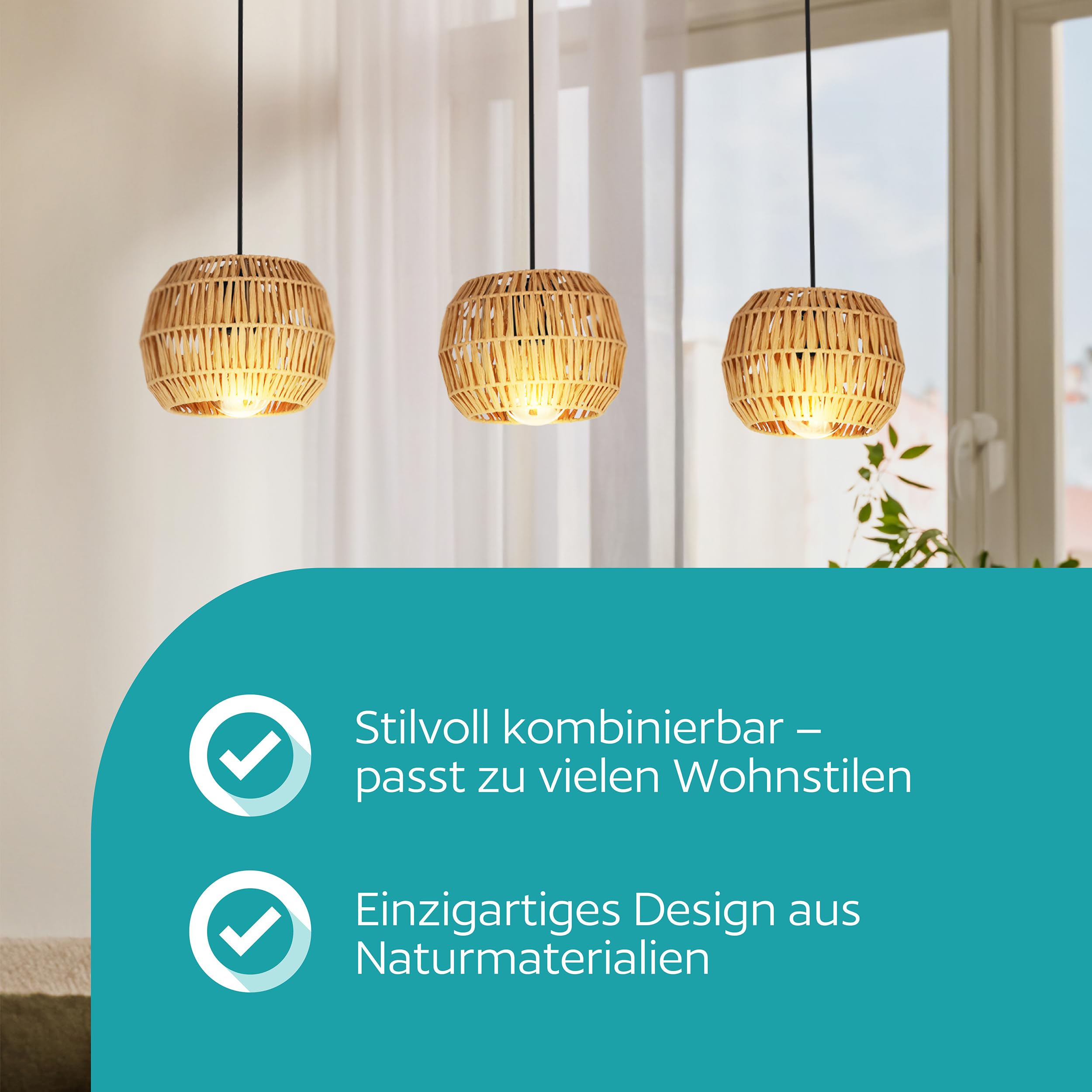 eglo-sheldon-3-flammige-pendelleuchte-91-cm-boho-bast-e27-schwarz image 2