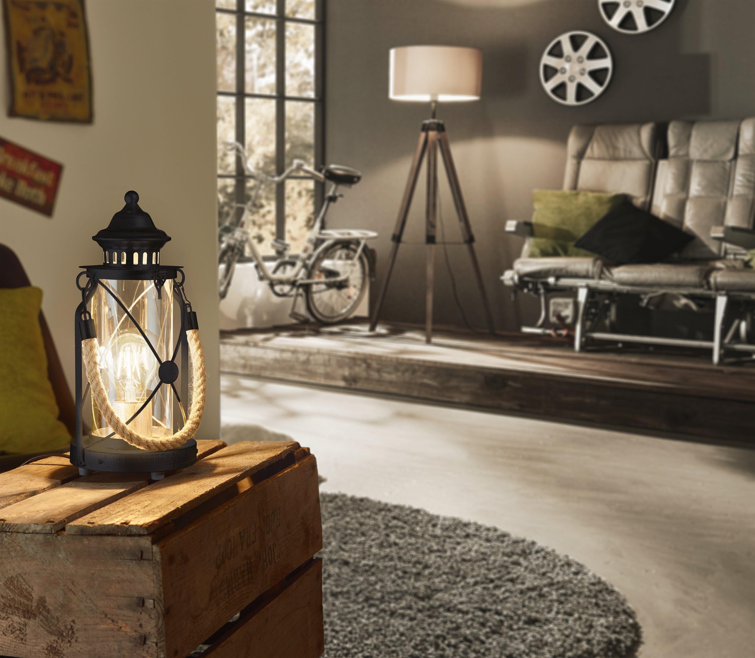 eglo-bradford-tischlampe-vintage-laterne-schwarz-glas-e27 image 4