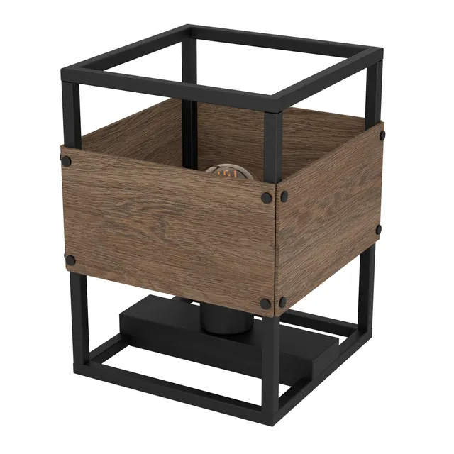 eglo-evesham-tischlampe-e27-industrial-holz-dunkelbraun-schwarz-25-cm image 1