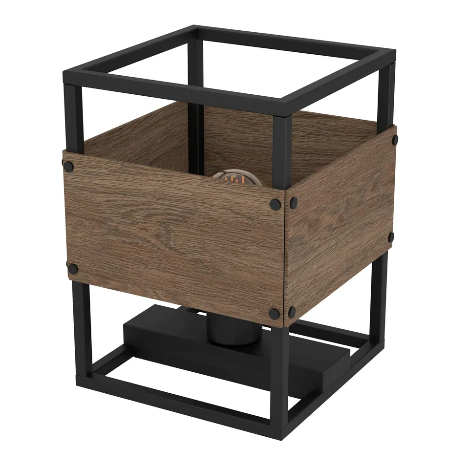 eglo-evesham-tischlampe-e27-industrial-holz-dunkelbraun-schwarz-25-cm image 1