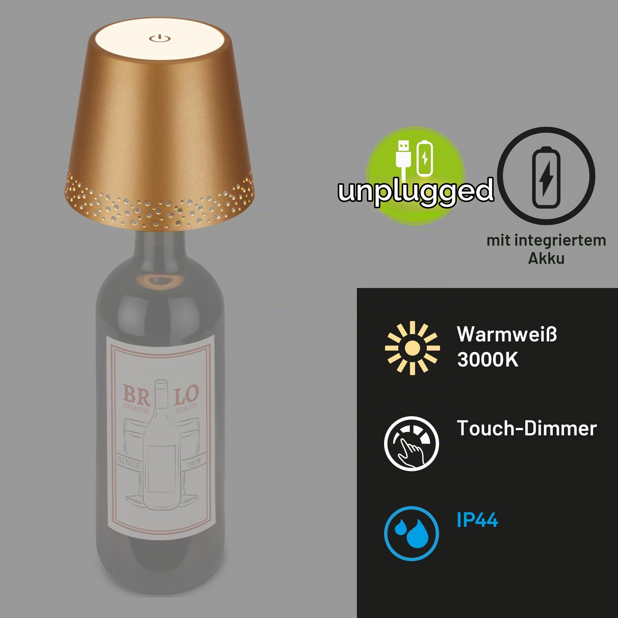briloner-led-flaschenlampe-aufsatz-kabellos-touch-dimmbar-ip44-gold-matt image 2