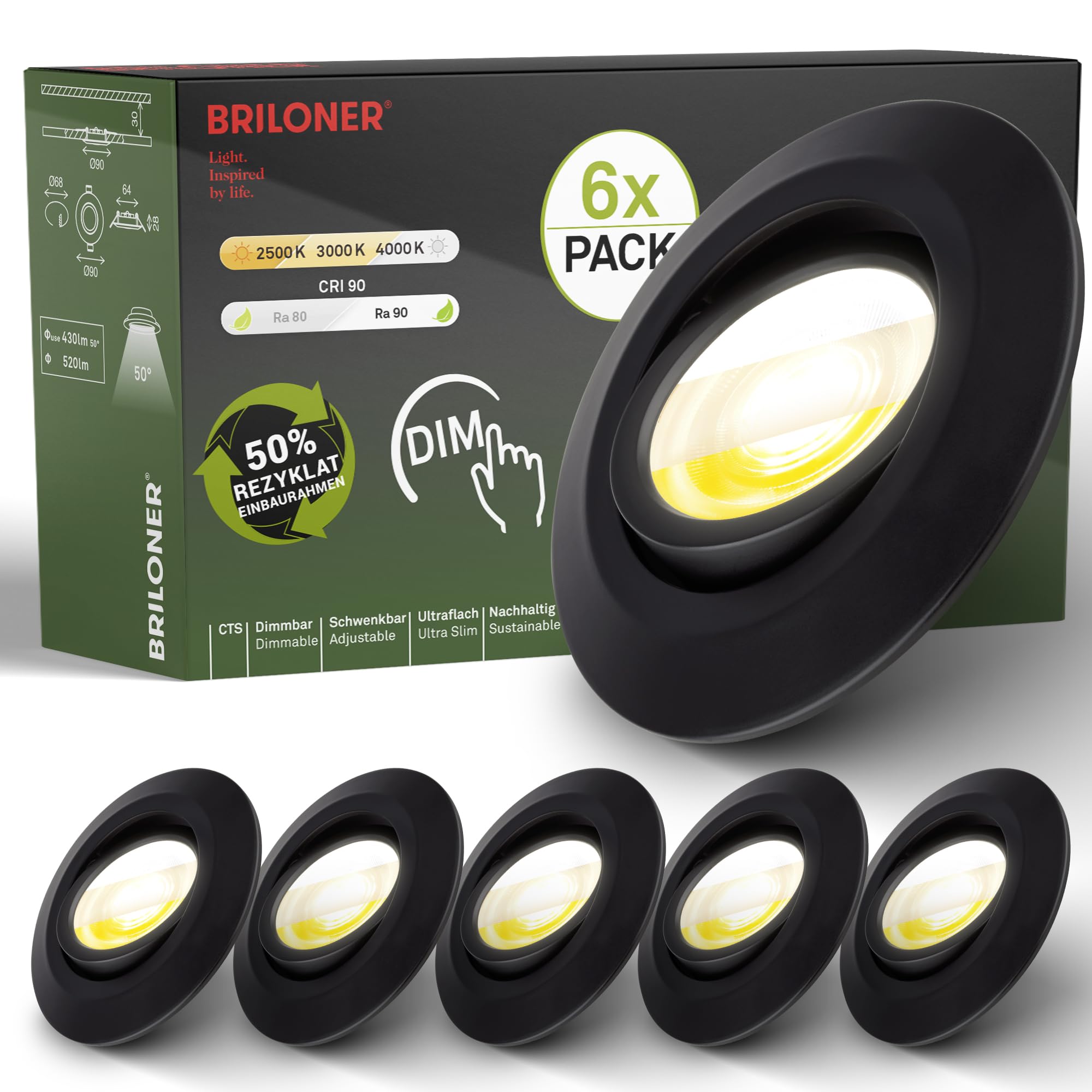 briloner-led-einbaustrahler-6er-set-68mm-dimmbar-schwenkbar-2500k-4000k-schwarz image 1
